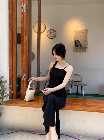 Elegant Fashion Black Sleeveless Spaghetti Strap Dress TP2975