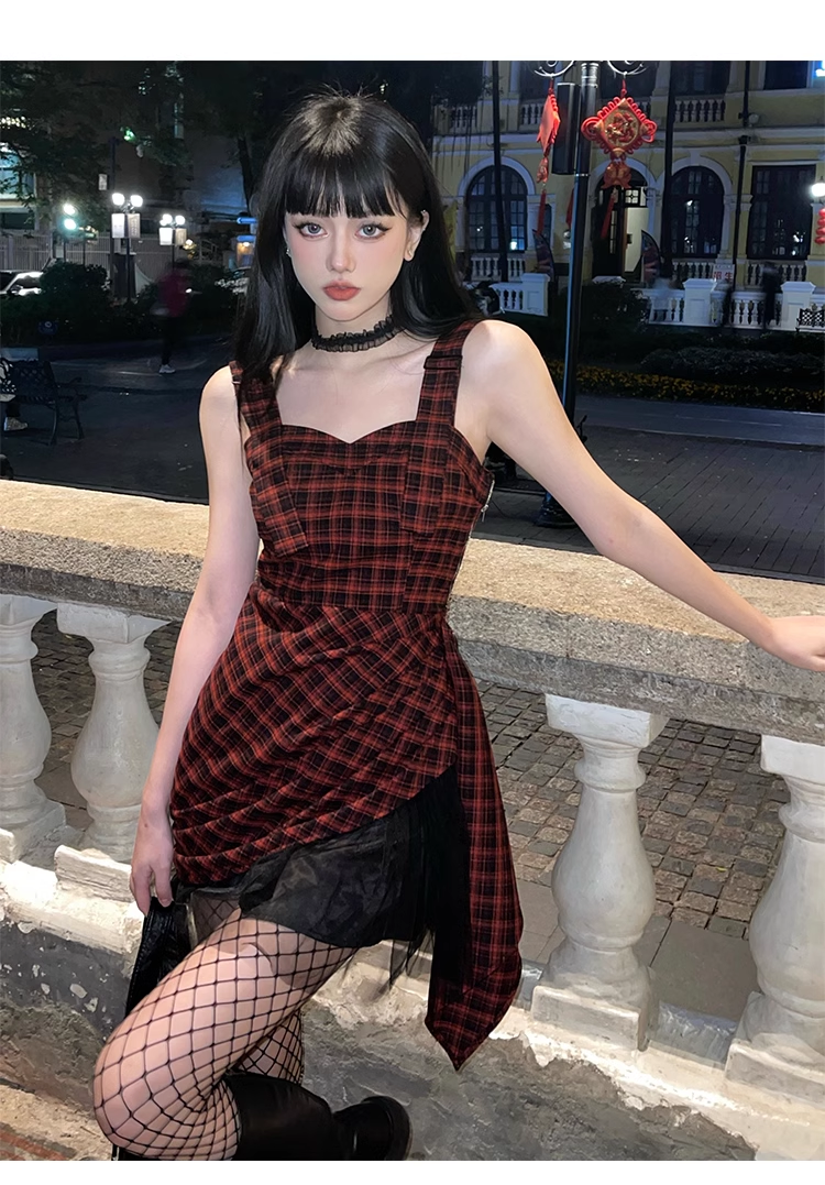New Fashion Design Sense Red & Black Plaid Spaghetti Strap Dress TP2922