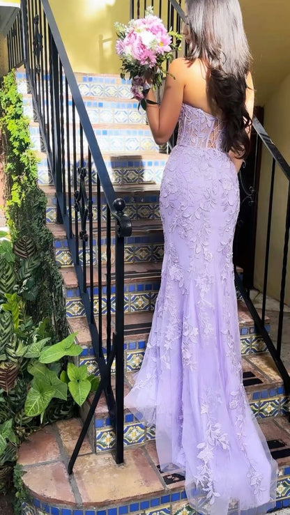 Vintage Lilac Strapless Mermaid Prom Gown Floral Lace Applique Evening Dress TP5715