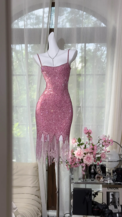 Vintage Pink Sparkling Sequin Spaghetti Strap Tassels Hem Romantic Evening Dress Prom Dresses TP4151