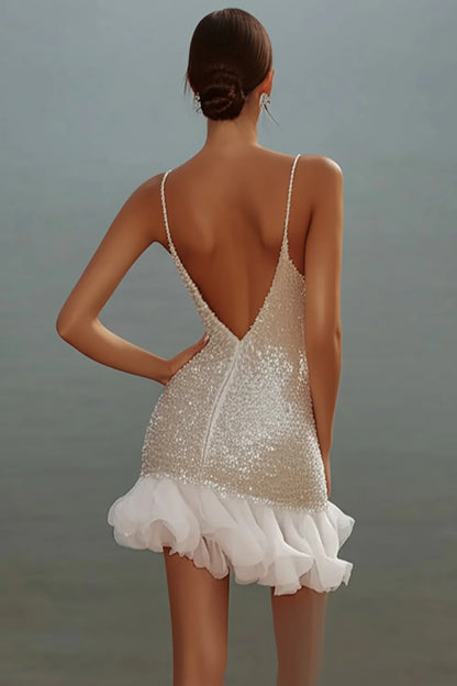Gorgeous White Bodycon Sequin Design A-line V-neck Spaghetti Strap Homecoming Dress TP3638
