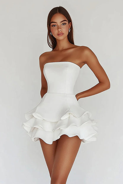Charming White Irregular Ruffled Hem Design A-line Strapless Homecoming Dress TP3629