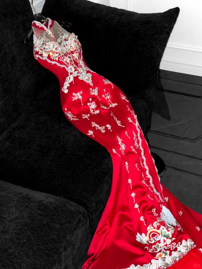 Gorgeous Sparkling Red Beaded Sequined Embroidery Design Elegant Mermaid Prom Dress Evening Dress TP4209