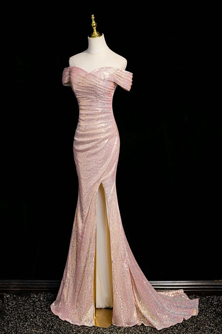 Glamorous Pink Off-the-Shoulder Sequin Mermaid Gown with High Slit & Train Prom Dress TP5578