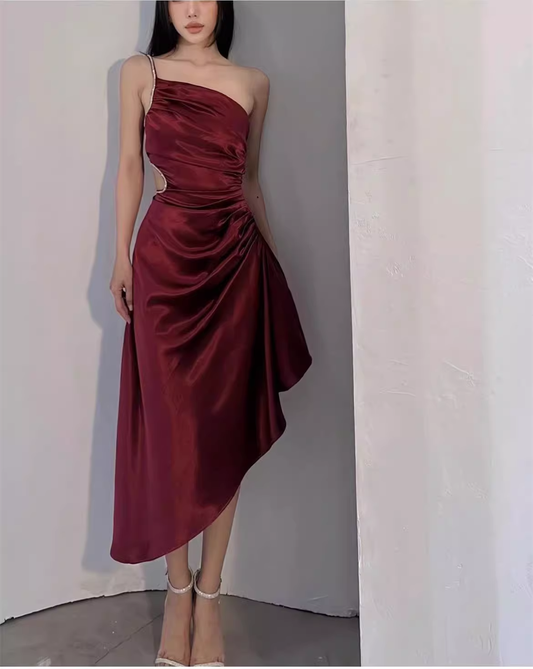 Luxury Satin Asymmetrical One-Shoulder Ruched Mermaid Prom Dress TP5748