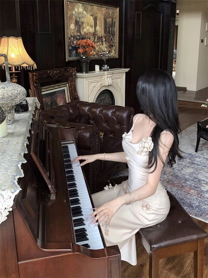 New Elegant Three-dimensional Floral Decoration Slim Mermaid Spaghetti Strap Dress TP2969