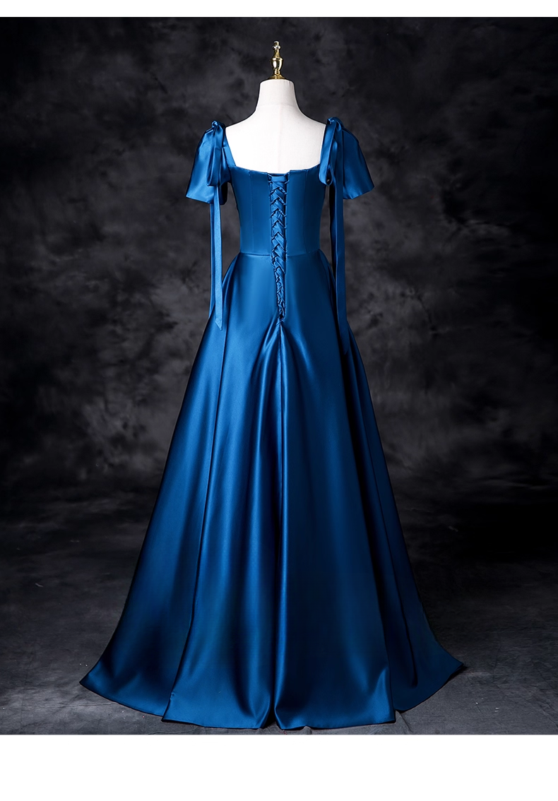 Vintage Royal Blue Satin Prom Dress A-Line Evening Gown Short-sleeved Party Dress Long Formal Dress TP5199