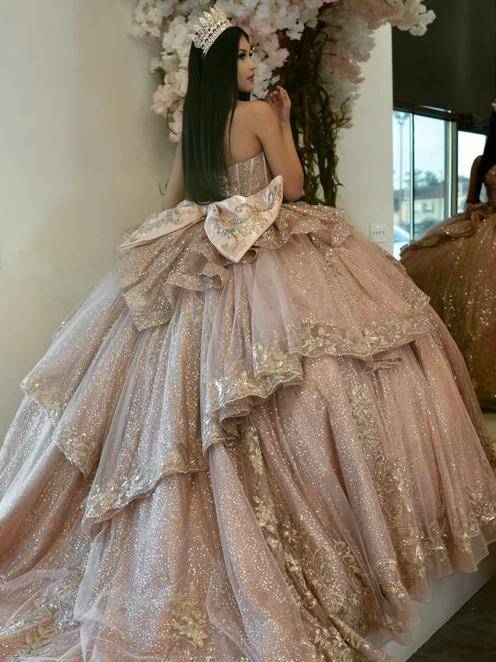 Elegant Pink Sequined Embroidery Sweetheart Strapless Quinceanera Ball Gown TP5242