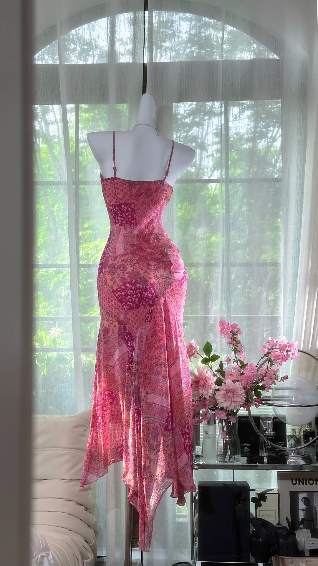 Retro Pink V-neck Floral Elegant Chiffon Evening Dress Prom Dresses TP4145