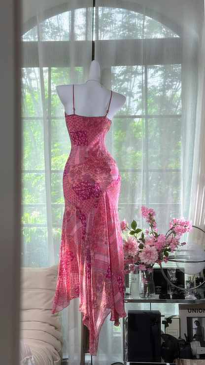 Retro Pink V-neck Floral Elegant Chiffon Evening Dress Prom Dresses TP4145