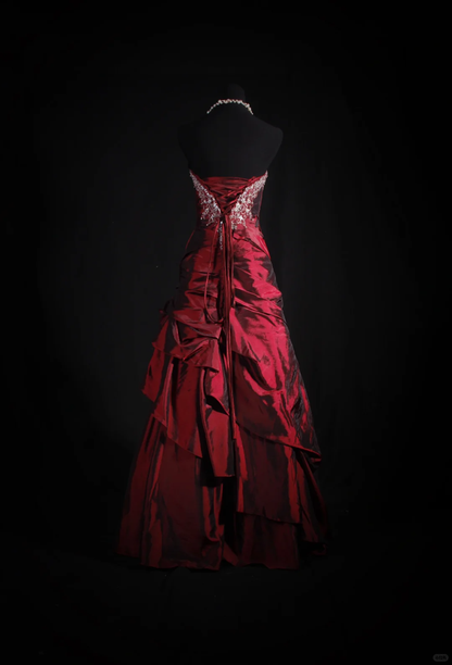 Elegant Burgundy Satin Strapless Beaded Mermaid Evening Gown TP5411