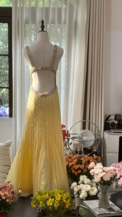 Retro Yellow Shiny Backless Design A-line Elegant Chiffon Evening Dress Prom Dress TP3997