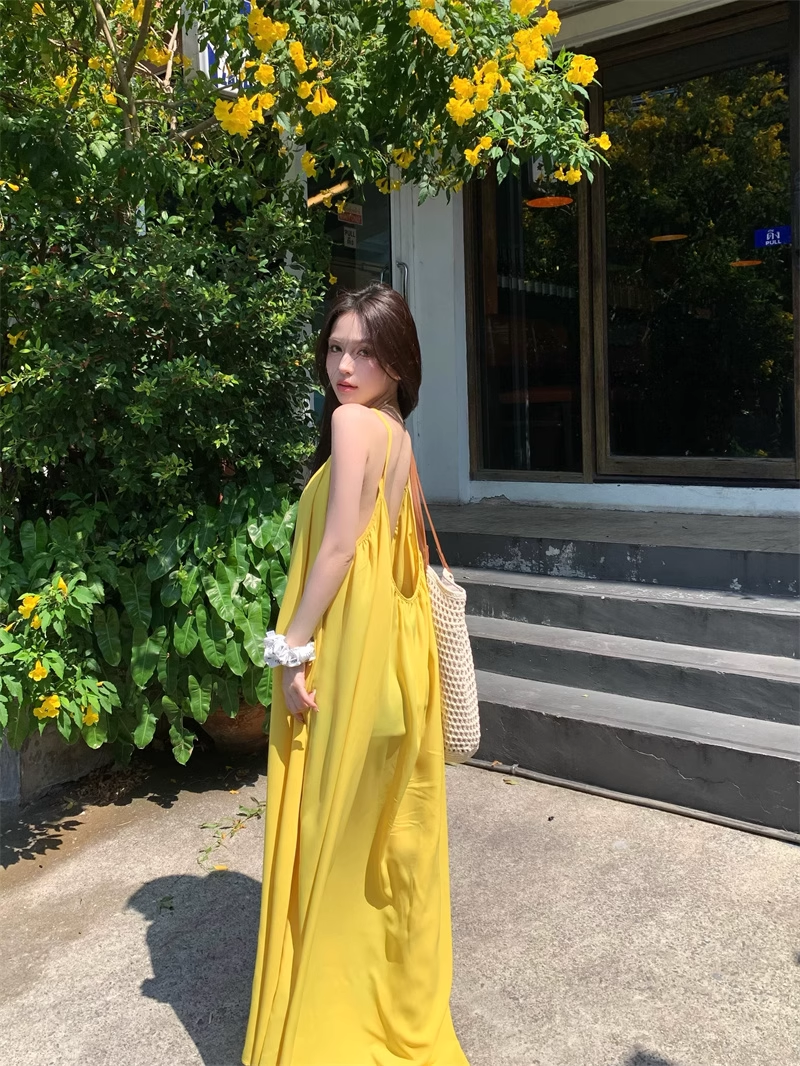 New Fashion Yellow Loose-fitting Design A-line Spaghetti Strap Dress TP3431