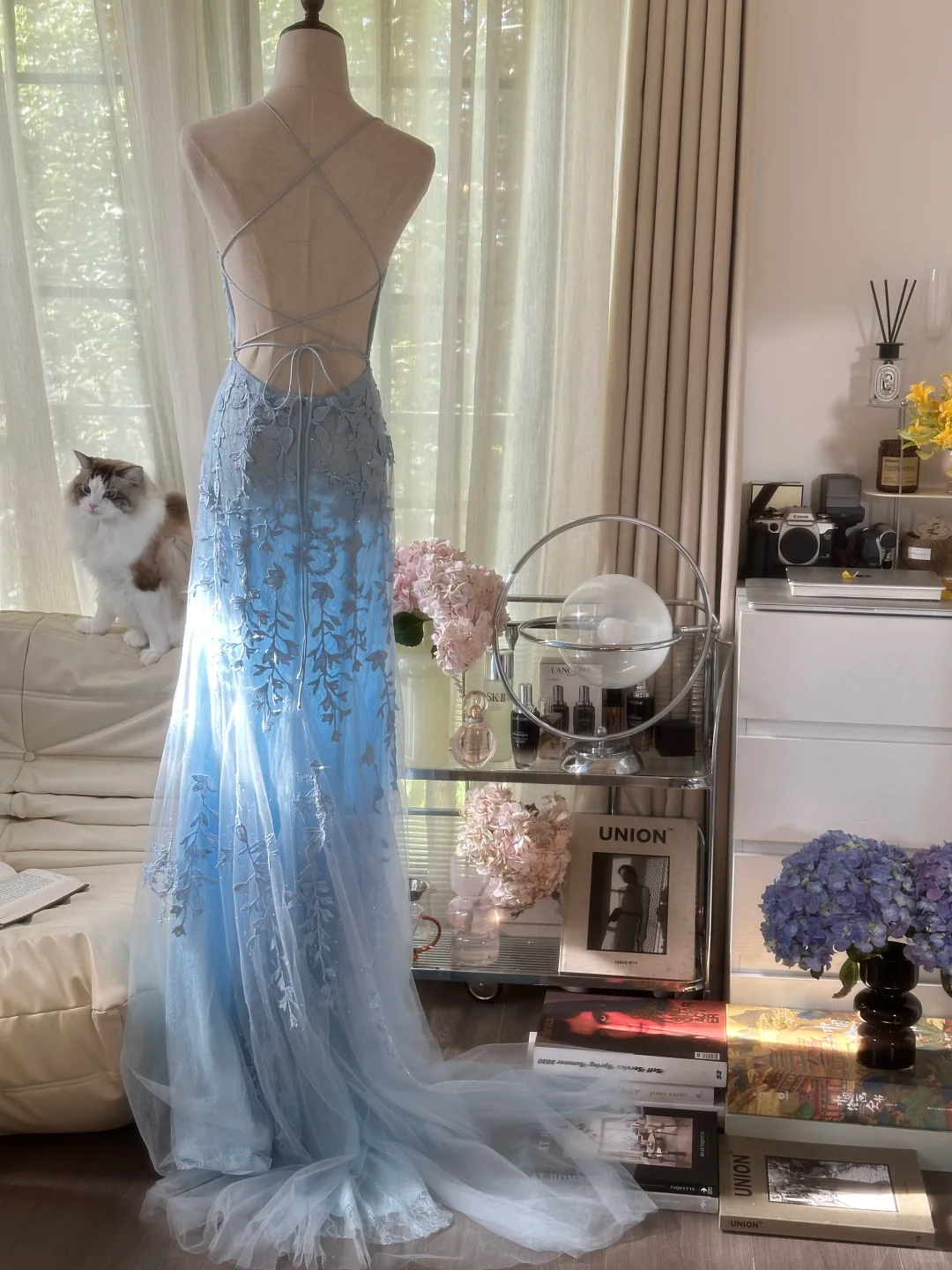 Retro Light Blue Applique Backless Design Romantic Chiffon Evening Dress Prom Dress TP3996