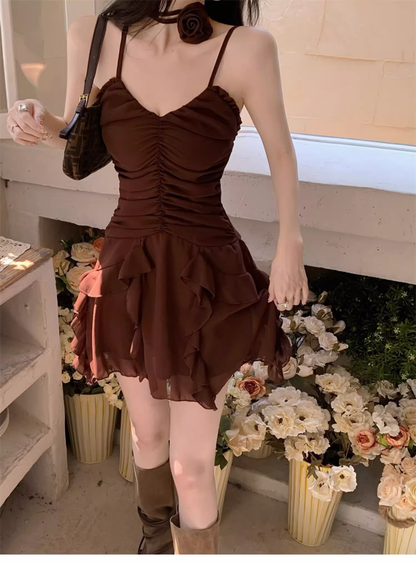 Sweet V-neck Irregular Ruffled Hem Design A-line Spaghetti Strap Dress TP3574