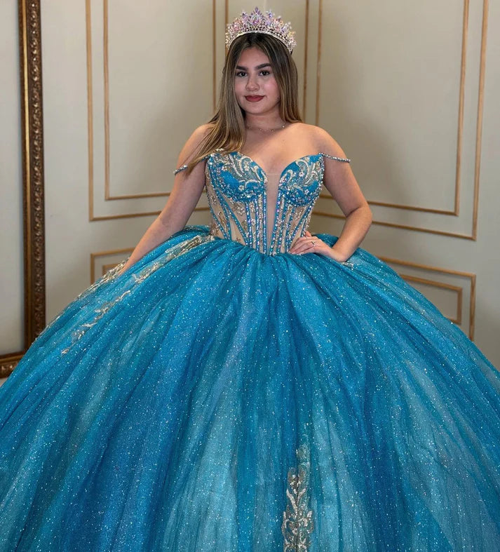 Glamorous Blue Glitter Tulle Off-the-Shoulder Beaded Gold Embroidered Hem Sweet 15 Quinceanera Ball Gown TP5441
