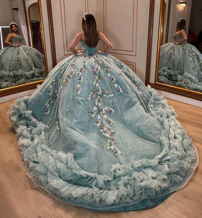 Glamorous Seafoam Blue Glitter Tulle Strapless Multicolor Floral Embroidery Ruffled Hem Sweet 15 Quinceanera Ball Gown TP5440