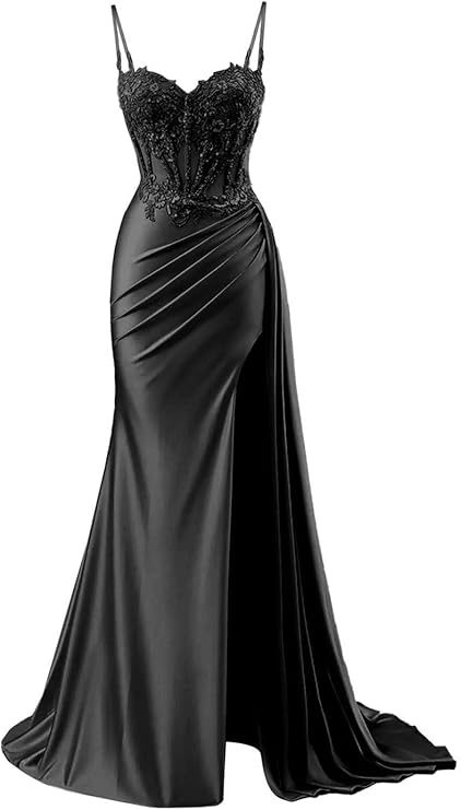 Vintage Sheath Applique Sweetheart Satin Evening Gown Spaghetti Strap Party Dress Slit Long Formal Dress TP4901