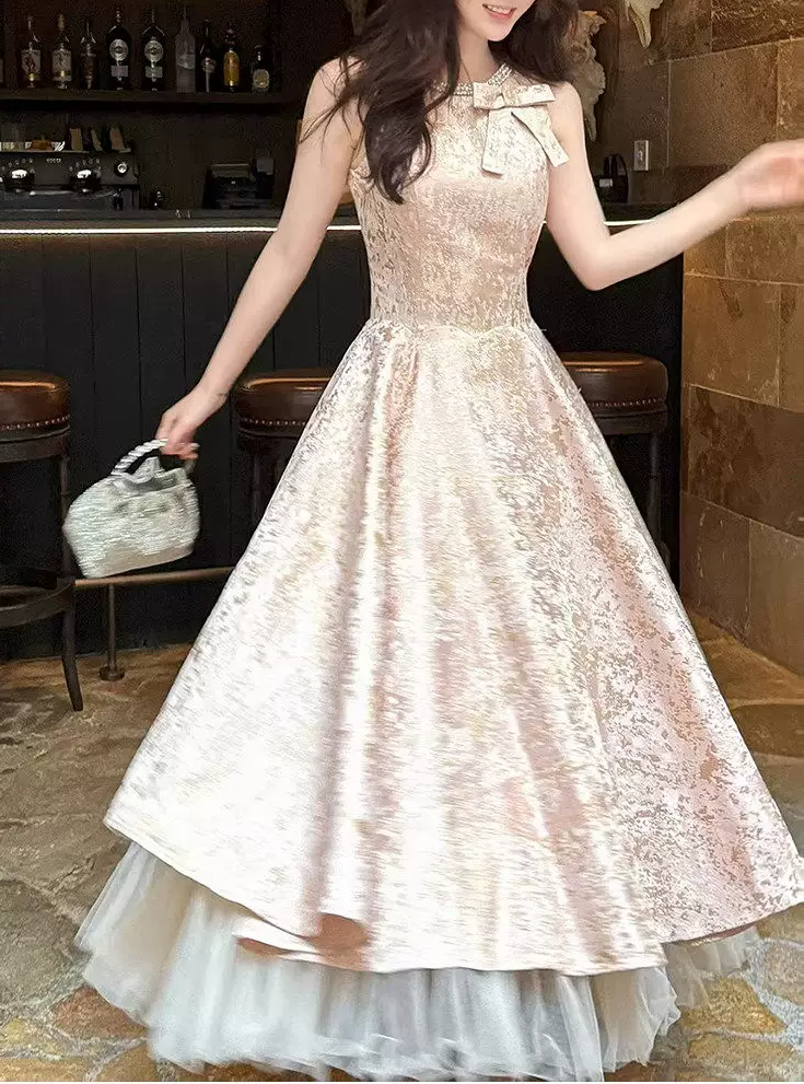 Vintage Jacquard A-Line Sleeveless Bow Floor Length Evening Gown TP6080