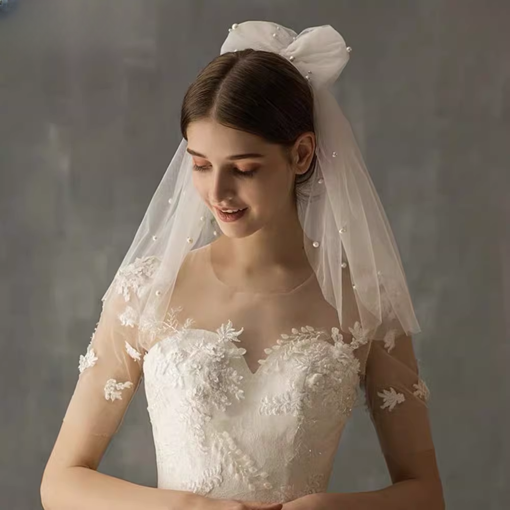 Vintage Ivory Tulle Bridal Veil Large Bow Pearl-Beaded Short-Mid Wedding Veil TP5623