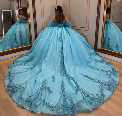 Glamorous Turquoise Glitter Tulle Strapless Beaded Puff Sleeves Sweet 15 Quinceanera Ball Gown TP5438