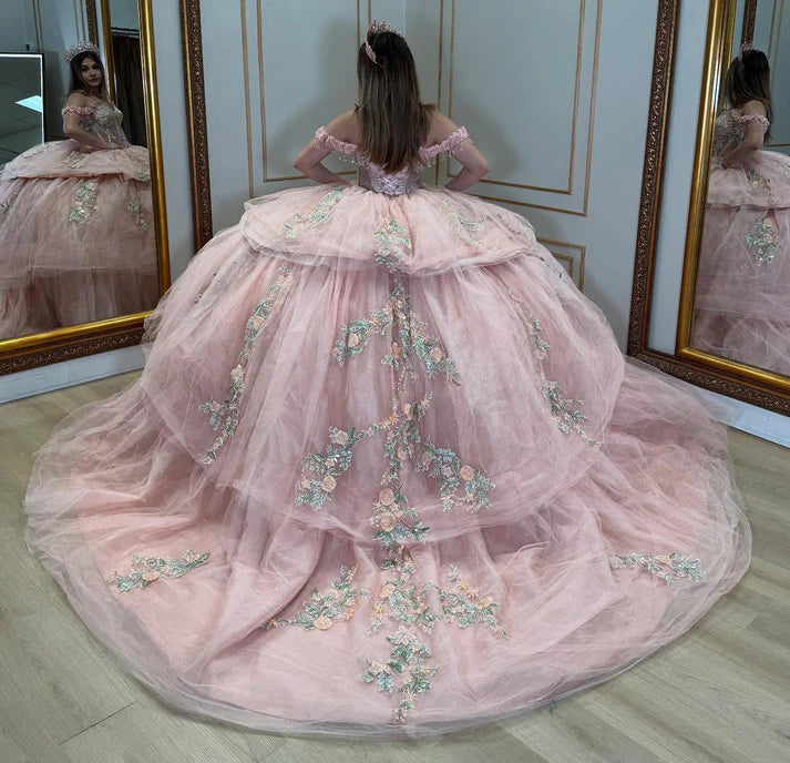 Glamorous Pink Glitter Tulle Off-the-Shoulder Floral Embroidery Tiered Sweet 15 Quinceanera Ball Gown TP5439