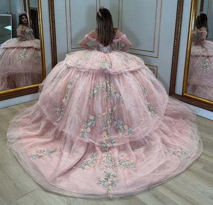 Glamorous Pink Glitter Tulle Off-the-Shoulder Floral Embroidery Tiered Sweet 15 Quinceanera Ball Gown TP5439