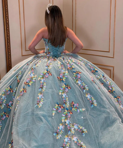 Glamorous Seafoam Blue Glitter Tulle Strapless Multicolor Floral Embroidery Ruffled Hem Sweet 15 Quinceanera Ball Gown TP5440
