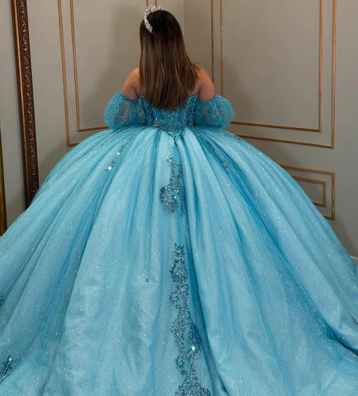 Glamorous Turquoise Glitter Tulle Strapless Beaded Puff Sleeves Sweet 15 Quinceanera Ball Gown TP5438