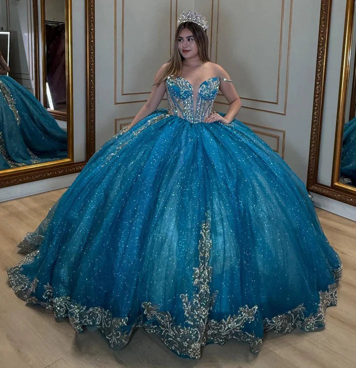 Glamorous Blue Glitter Tulle Off-the-Shoulder Beaded Gold Embroidered Hem Sweet 15 Quinceanera Ball Gown TP5441