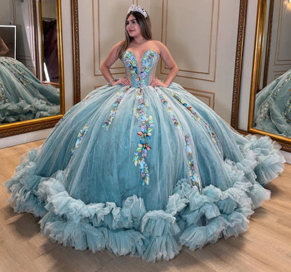 Glamorous Seafoam Blue Glitter Tulle Strapless Multicolor Floral Embroidery Ruffled Hem Sweet 15 Quinceanera Ball Gown TP5440