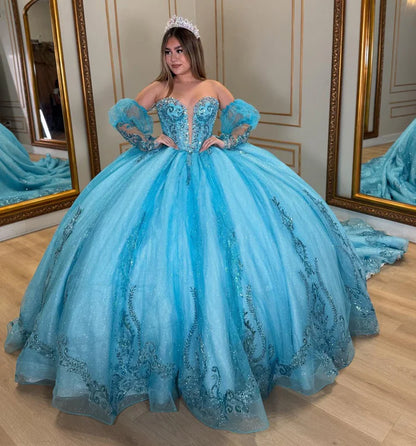 Glamorous Turquoise Glitter Tulle Strapless Beaded Puff Sleeves Sweet 15 Quinceanera Ball Gown TP5438