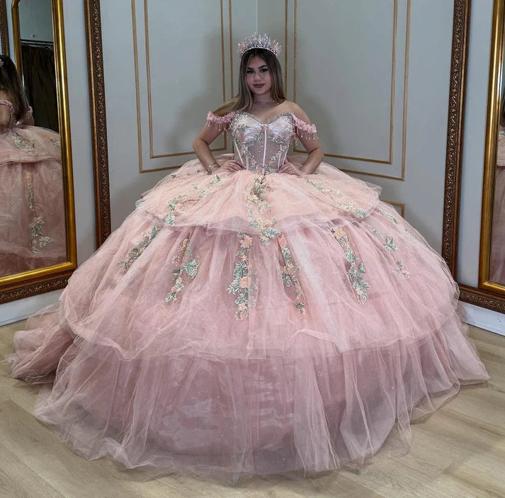 Glamorous Pink Glitter Tulle Off-the-Shoulder Floral Embroidery Tiered Sweet 15 Quinceanera Ball Gown TP5439