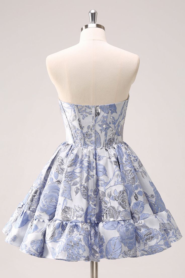 Retro Fashion Blue Corset Design Strapless Mini Party Dress  Floral Homecoming Dress TP3393