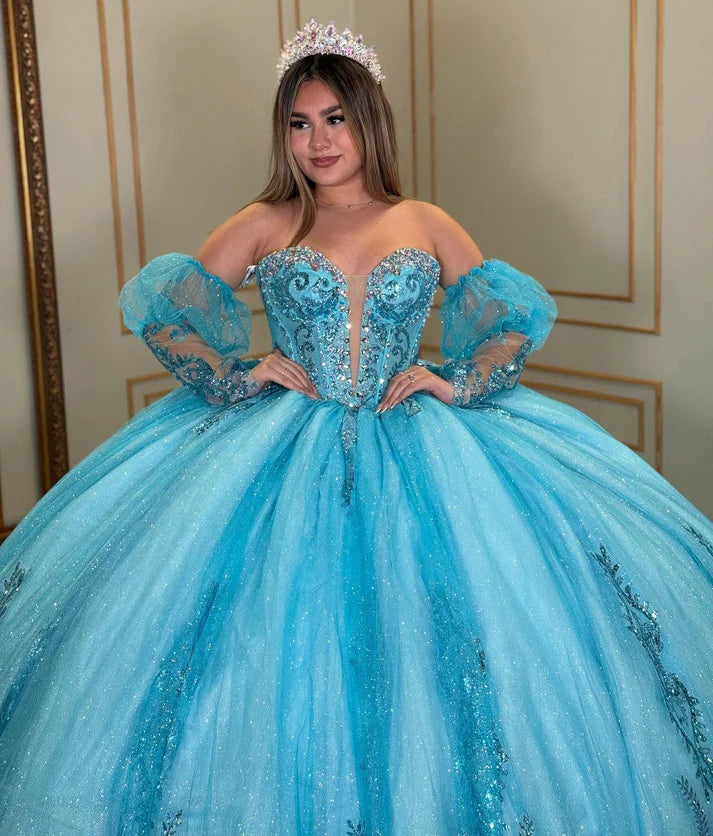 Glamorous Turquoise Glitter Tulle Strapless Beaded Puff Sleeves Sweet 15 Quinceanera Ball Gown TP5438