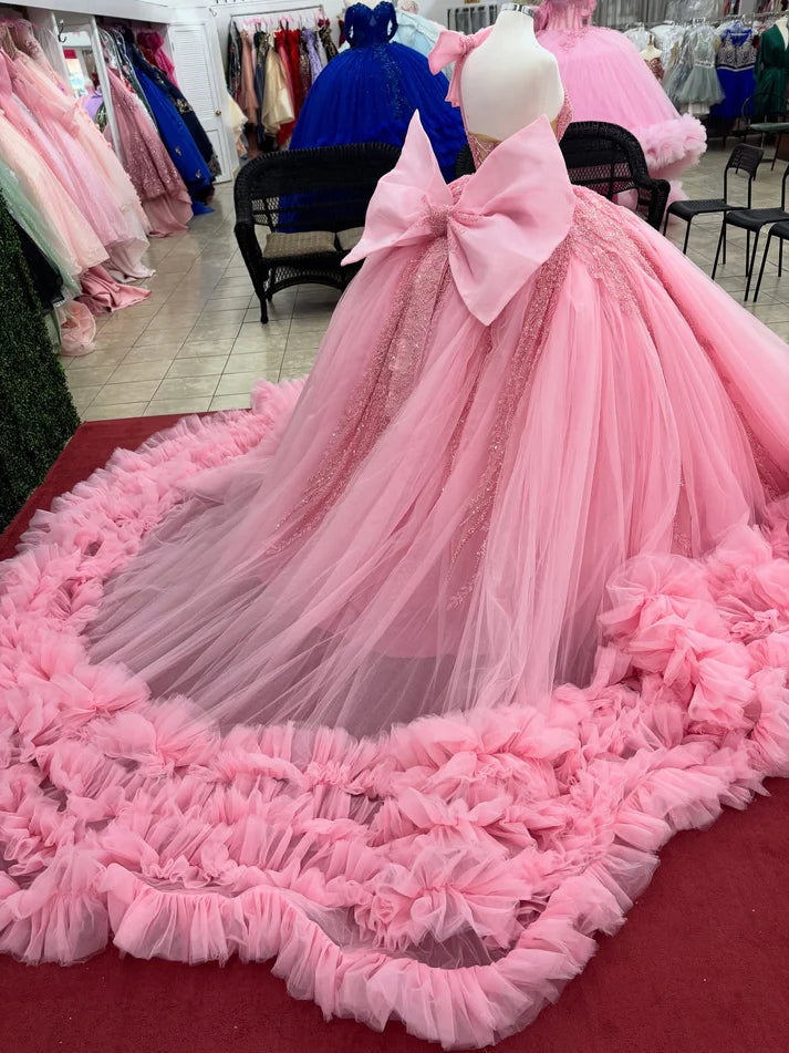 Glamorous Pink Tulle Sweetheart Beaded One-Shoulder Ruffled Sweet 15 Quinceanera Ball Gown TP5435