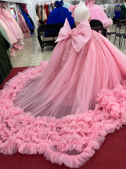 Glamorous Pink Tulle Sweetheart Beaded One-Shoulder Ruffled Sweet 15 Quinceanera Ball Gown TP5435