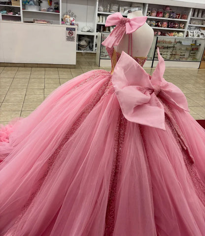 Glamorous Pink Tulle Sweetheart Beaded One-Shoulder Ruffled Sweet 15 Quinceanera Ball Gown TP5435