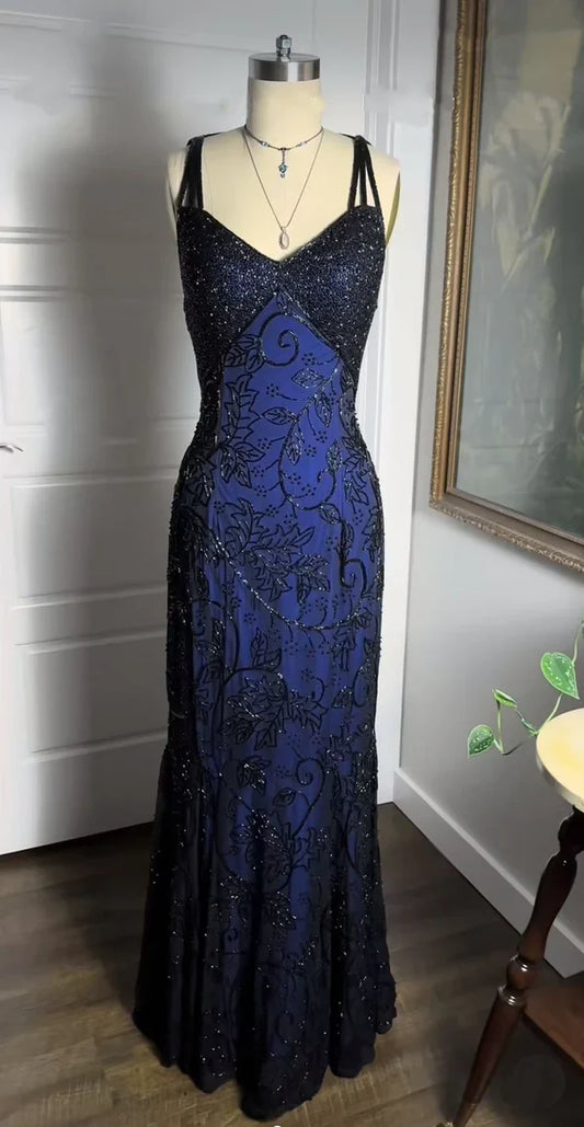 Classic Navy Mermaid Strap Lace Long Ball Gown Evening Dress TP2018