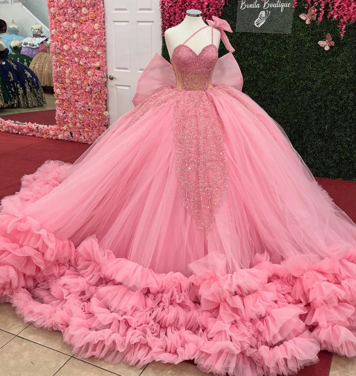 Glamorous Pink Tulle Sweetheart Beaded One-Shoulder Ruffled Sweet 15 Quinceanera Ball Gown TP5435