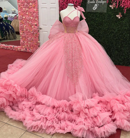 Glamorous Pink Tulle Sweetheart Beaded One-Shoulder Ruffled Sweet 15 Quinceanera Ball Gown TP5435