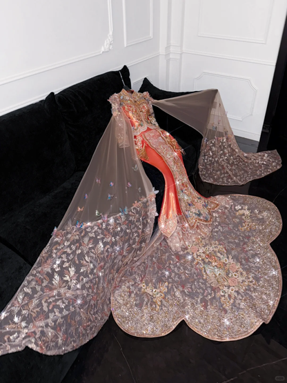 Gorgeous Shiny Beaded Exquisite Embroidery 3D Butterflies Mermaid Floor-length Evening Dress Prom Dresses TP4189