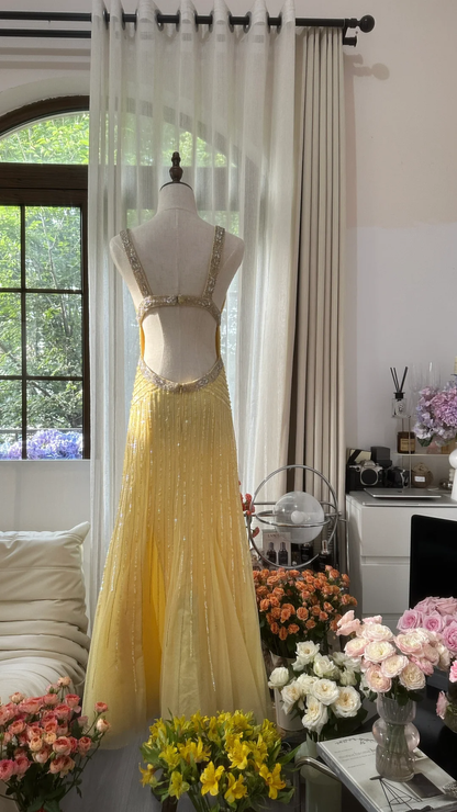Retro Yellow Shiny Backless Design A-line Elegant Chiffon Evening Dress Prom Dress TP3997