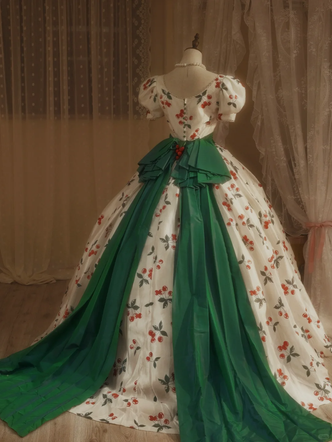 Cute Cherry Print Puff-Sleeve Green Back Bow Train Sweet 15 Quinceanera Ball Gown TP5509