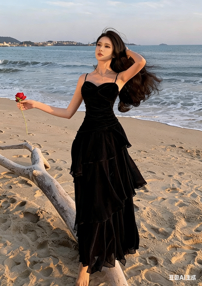 Vintage Sweetheart A-Line Evening Gown Spaghetti Strap Chiffon Tiered Prom Dress TP5144