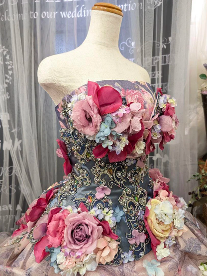 Glamorous Floral Strapless 3D Flower Tulle Sweet 15 Quinceanera Ball Gown TP5497