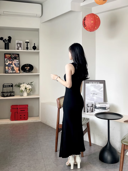 New Fashion Black Sleeveless Elegant Split Spaghetti Strap Dress TP2981