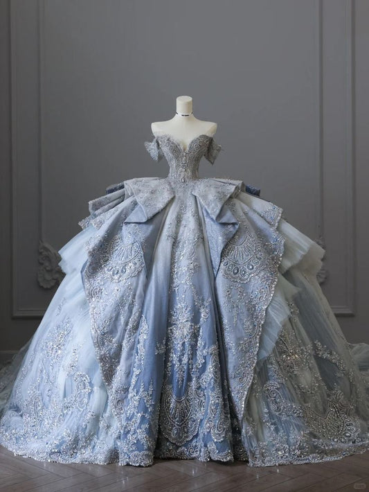Vintage Sky Blue Sweetheart Sweet 16 Quinceanera A-Line Off-the-shoulder Evening Dress Long Ball Gown TP5017