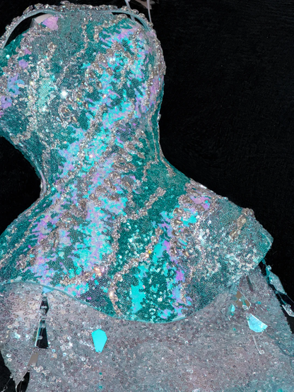 Gorgeous Sparkling Blue Sequin Beaded Mermaid Elegant Chiffon Evening Dress Prom Dresses TP4154