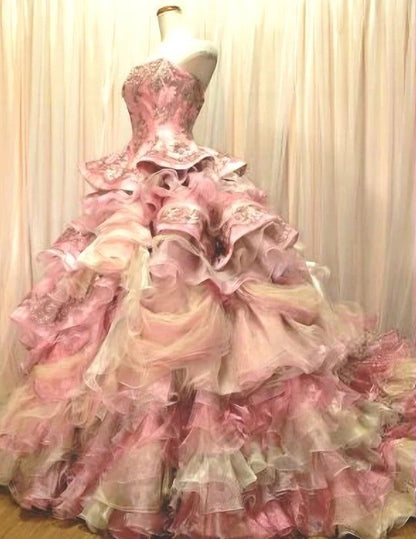 Vintage Pink Tulle Beaded A-Line Strapless Ruffled Tiered Quinceañera Ball Gown TP5171